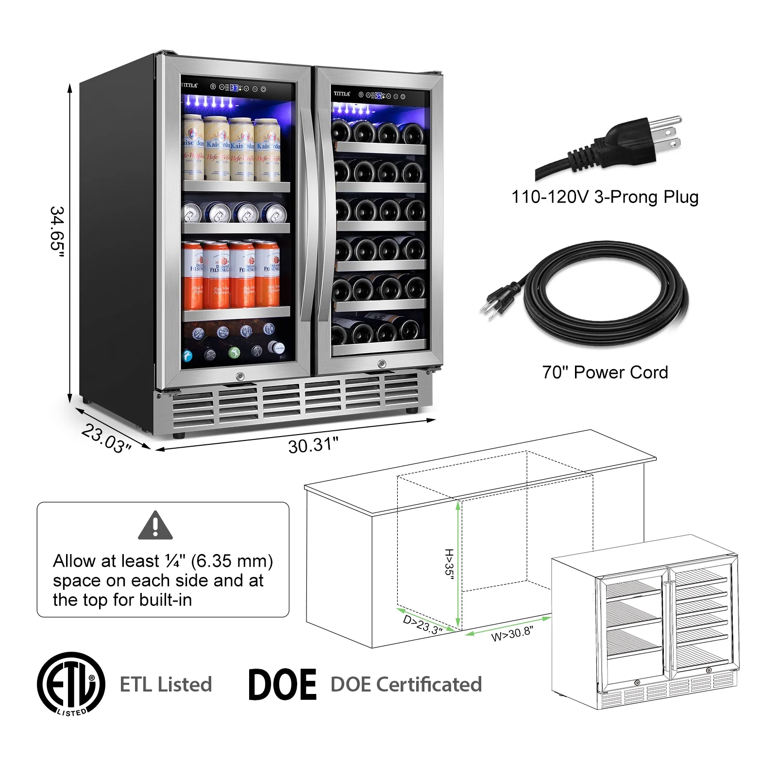 Tittla 30 Inch Wine Fridge, Dual Zone Wine and Beverage Refrigerator with 33 Bottle and 80 Can Wine Cooler Under Counter Freestanding - Image 11