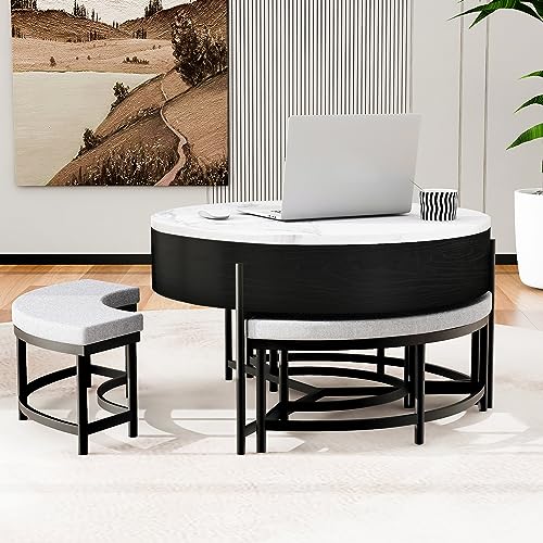 Linique Modern Round Lift-Top Coffee Table with Storage and 3 Ottoman, White + Black - Image 13