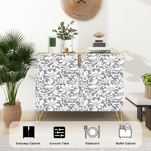 Mid Century Sideboard Buffet Kitchen Storage Cabinet with 2 Doors Ornate Seamless Border Eastern Style Light Beige for Ornamental Cupboard Console Table Bar Cabinet for Dining Room Hallway - Image 4