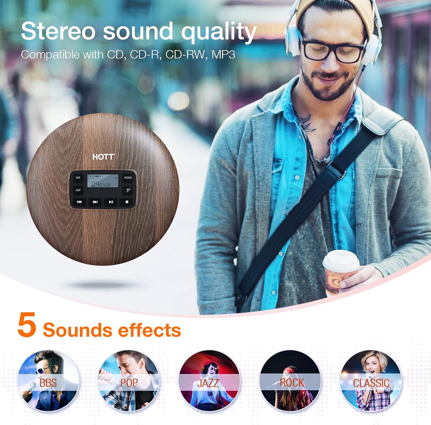 HOTT CD611 Portable CD Player for Home Travel and Car with Stereo Headphones, Anti-Shock ,Wood Grain - Image 3