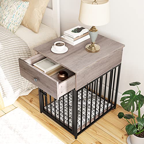 HOOBRO Dog Crate Furniture, Wooden Dog House, Decorative Dog Kennel with Drawer, Indoor Pet Crate End Table for Small Dog, Steel-Tube Puppy Cage, Chew-Proof, Greige BG01GW03 - Image 11