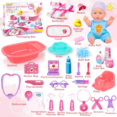 Baby Doll Toys Set, 14 Doll Toys, 25Pcs Dolls Care Toy Playset, Toddlers Toy Doll Set Incl Cradle Crib, High Chair, Milk Bottle, Pacifier, Diaper, Baby Gift for Age 3 4 5 6+ Years Old Girls Boys - Image 12