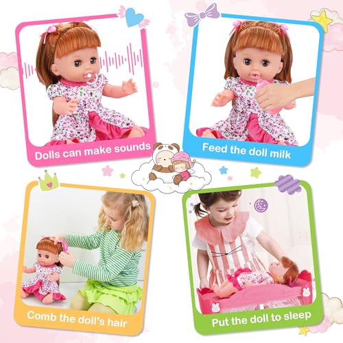 Baby Doll Toys Set, 14 Doll Toys, 25Pcs Dolls Care Toy Playset, Toddlers Toy Doll Set Incl Cradle Crib, High Chair, Milk Bottle, Pacifier, Diaper, Baby Gift for Age 3 4 5 6+ Years Old Girls Boys - Image 31