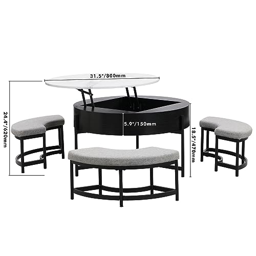 Linique Modern Round Lift-Top Coffee Table with Storage and 3 Ottoman, White + Black - Image 11