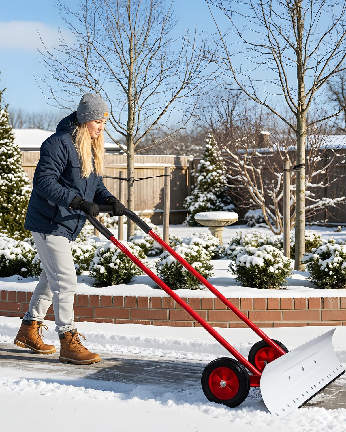 Outvita Snow Shovel with Wheels, 29 Wide 18 Long Snow Plow Shovel Angle & Height Adjustable Padded Handle Efficient Snow Clean Tool for Driveway or Pavement (Yellow) - Image 45