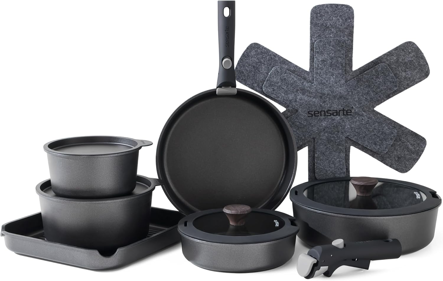 SENSARTE 17 Piece Ceramic Pots and Pans Set, Nonstick Detachable Handle Cookware, Induction Kitchen Cookware Set with Removable Handle, Dishwasher ?? Oven Safe (Gray) - Image 3