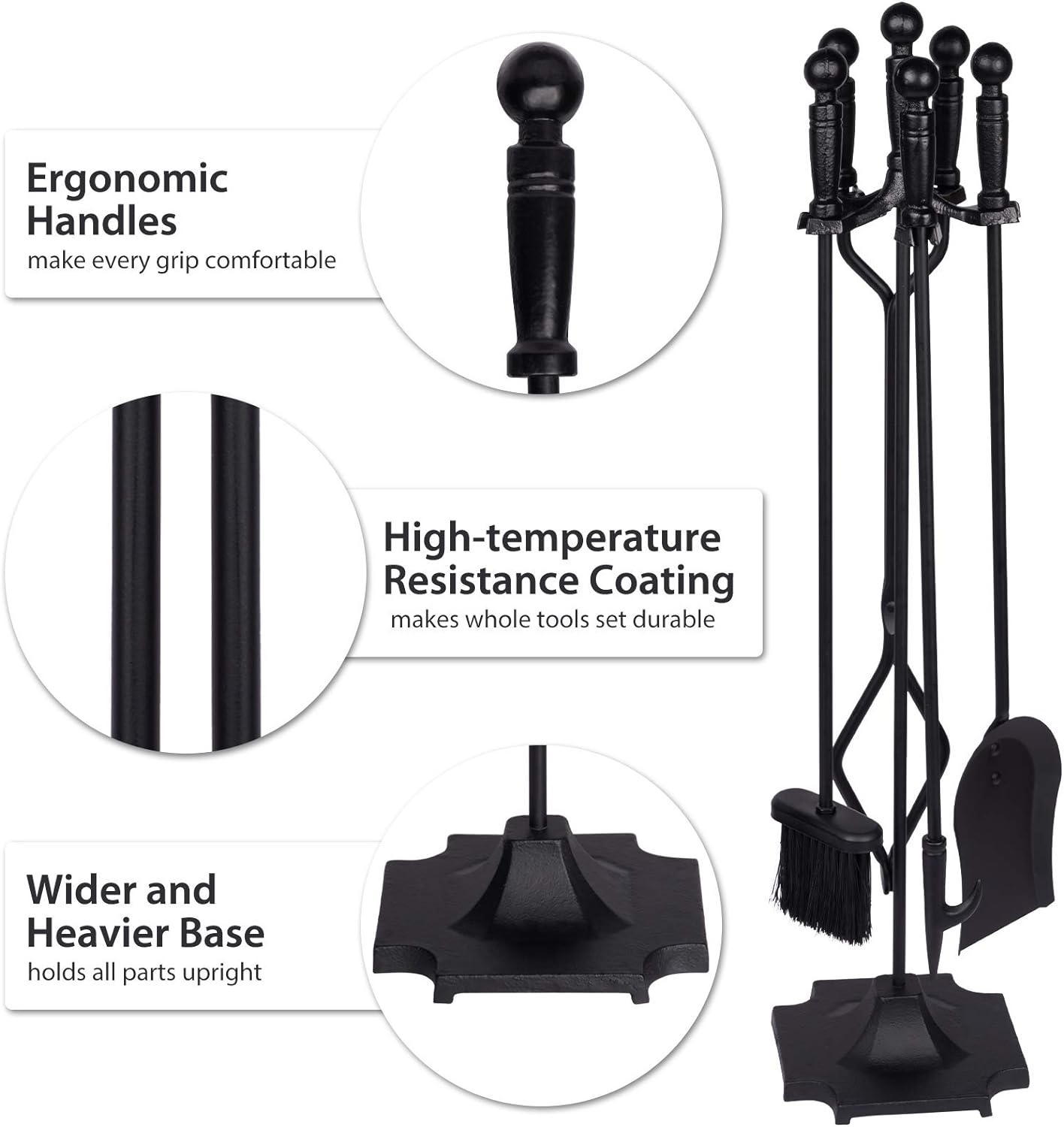 Parts & Accessories 5-Piece Fireplace Tools Set, 32 Inch Wrought Iron Fireplace Accessories Includes Fire Poker, Shovel, Brush, Tong, and Stand, Easy to Assemble - Image 4