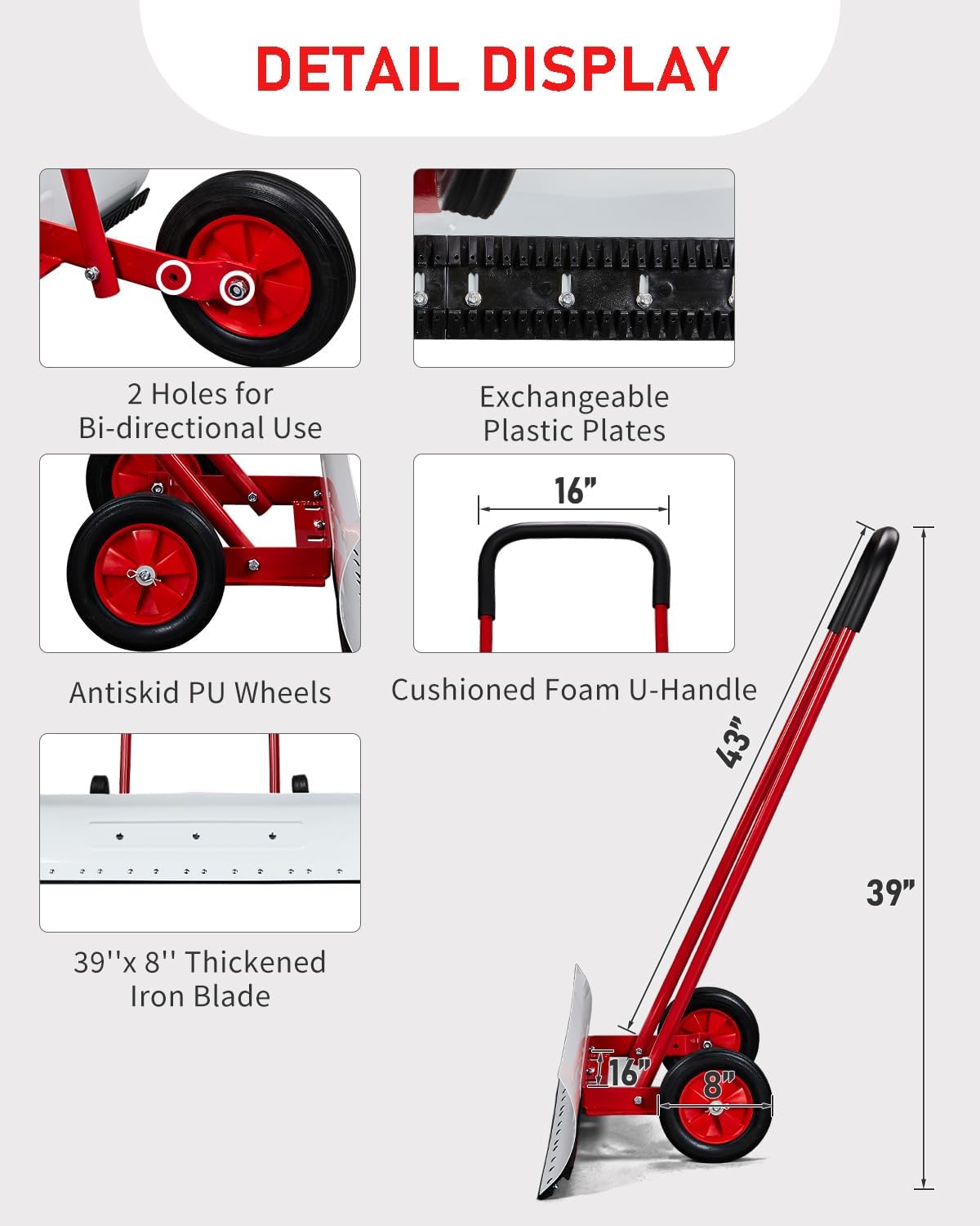 Outvita Snow Shovel with Wheels, 29 Wide 18 Long Snow Plow Shovel Angle & Height Adjustable Padded Handle Efficient Snow Clean Tool for Driveway or Pavement (Yellow) - Image 40