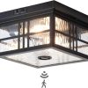 Industrial Motion Sensor Outdoor Flush Mount Ceiling Light, Water Ripple Glass Square Black 2-Light Ceiling Lamp for Porch, Entryway, and Garage, Timer and Sensitivity Adjustable